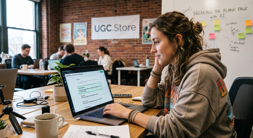UGC creator using the UGC.Store AI Script & Hook Generator in a modern coworking space, breaking through writer's block. Her MacBook displays generated hooks and script outlines while a whiteboard behind her reads «Breaking the Blank Page with AI.» The UGC.Store logo on the brick wall and colorful sticky notes fill the collaborative workspace