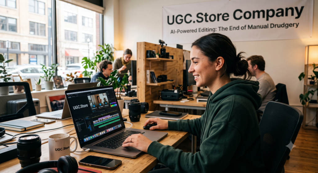 UGC creator using AI-powered editing software in a bright UGC.Store coworking office, ending manual editing drudgery. Her MacBook displays an intelligent video-editing timeline with auto-sync and color-match features, while a wall banner reads «UGC.Store Company: AI-Powered Editing — The End of Manual Drudgery» above camera gear and plants