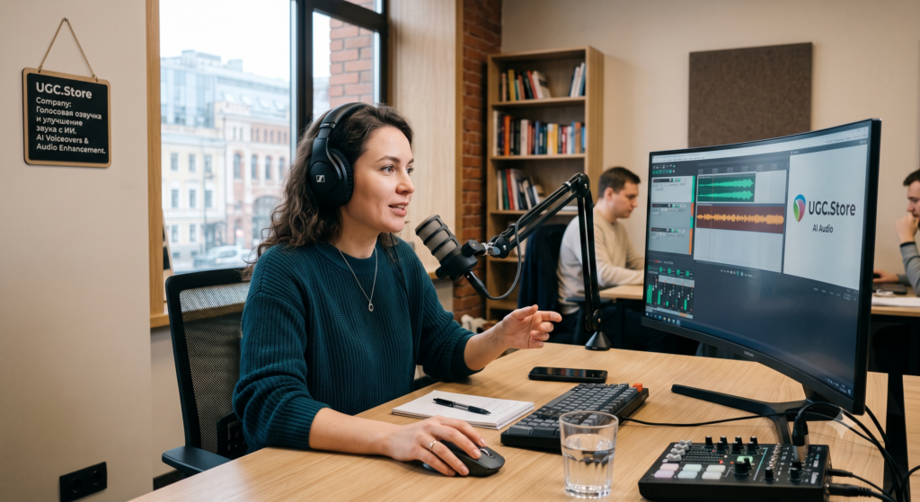 UGC creator recording an AI-enhanced voiceover in a modern UGC.Store office, sounding professional without a studio. She wears Sennheiser headphones and speaks into a broadcast microphone while a Samsung monitor displays the UGC.Store AI Audio waveform editor. A wall sign reads «AI Voiceovers & Audio Enhancement» above a mixing console and city-view windows