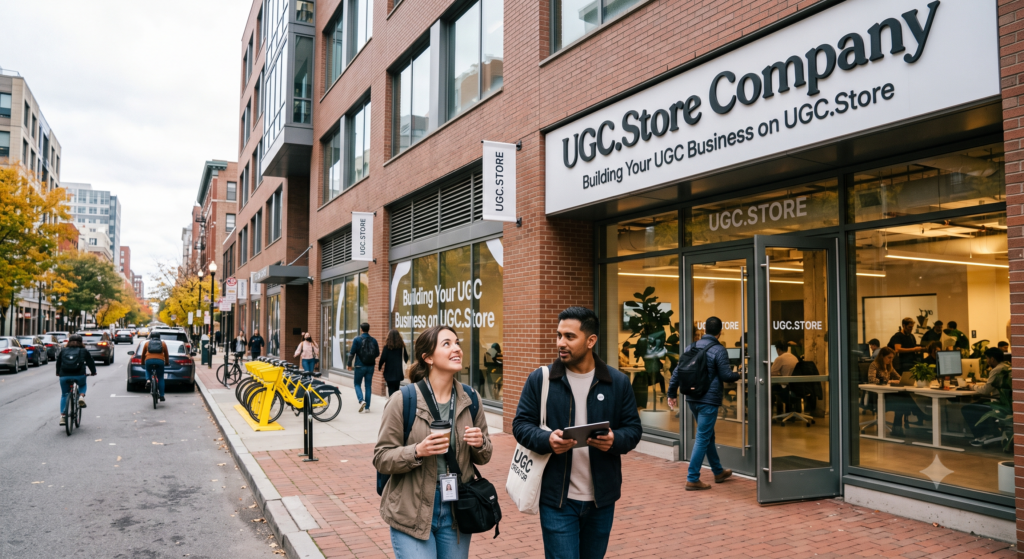Two UGC creators walking past the UGC.Store Company headquarters on a bustling autumn city street. The modern brick building displays «UGC.Store Company — Building Your UGC Business on UGC.Store» above glass doors revealing a busy creator workspace inside. The woman wears a «UGC CREATOR» lanyard and carries coffee; her colleague holds a tablet and a branded tote bag amid yellow bikes and fall foliage