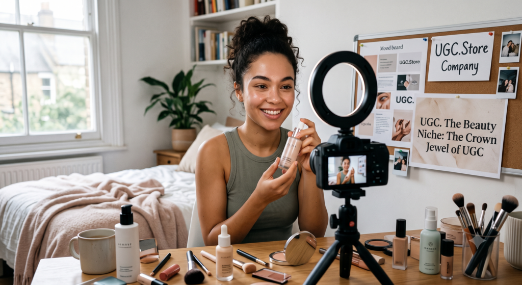 UGC creator filming beauty content in her bedroom studio, holding a skincare bottle while a DSLR camera with a ring light captures her. A corkboard behind her displays the UGC.Store Company mood board and a poster reading «UGC. The Beauty Niche: The Crown Jewel of UGC.» Makeup brushes, foundation bottles, serums, and compacts cover the wooden desk