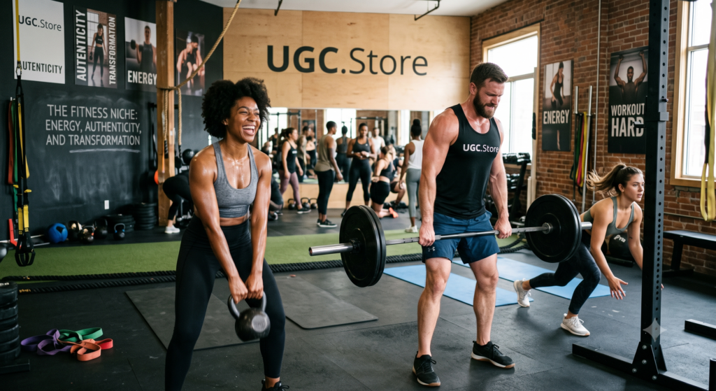 UGC creators filming fitness content in an industrial CrossFit-style gym branded with UGC.Store. A woman laughs mid-kettlebell swing while a man in a UGC.Store tank top performs a barbell deadlift. Motivational banners read «Energy,» «Authenticity,» and «Transformation» on exposed brick walls amid a bustling group workout