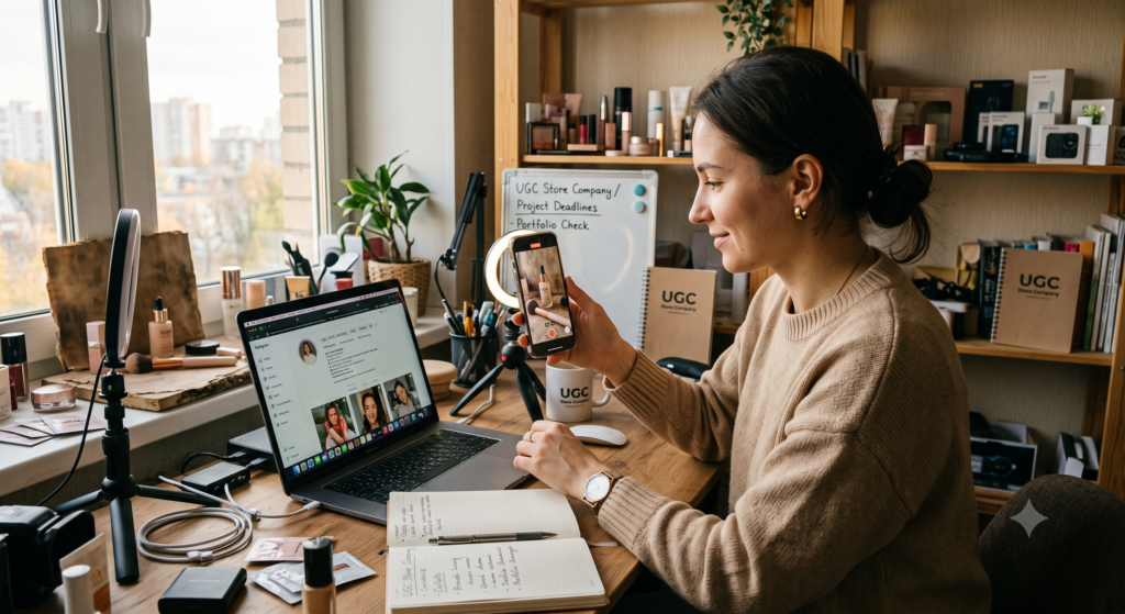 UGC creator filming an Instagram product showcase in her beauty-focused home studio, holding a smartphone to capture a lipstick close-up while her MacBook displays the Instagram profile interface. A whiteboard behind her reads «UGC Store Company / Project Deadlines — Portfolio Check» and shelves overflow with skincare and makeup products