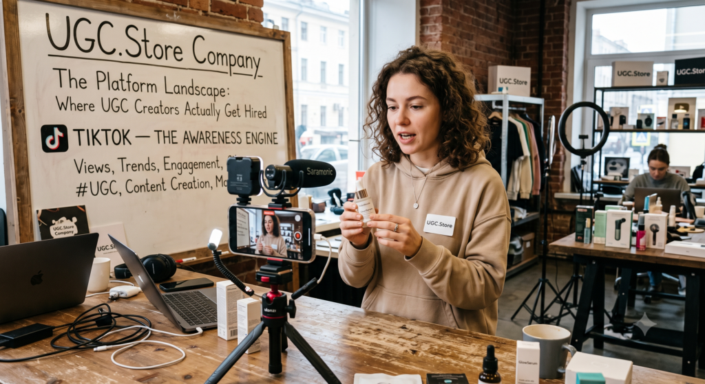 UGC creator filming a TikTok product demo inside the UGC.Store studio, holding a skincare bottle while a smartphone on a Ulanzi tripod with a Saramonic microphone captures the shot. Behind her, a whiteboard reads «UGC.Store Company: The Platform Landscape — TikTok, The Awareness Engine» listing views, trends, engagement, and monetization as key metrics