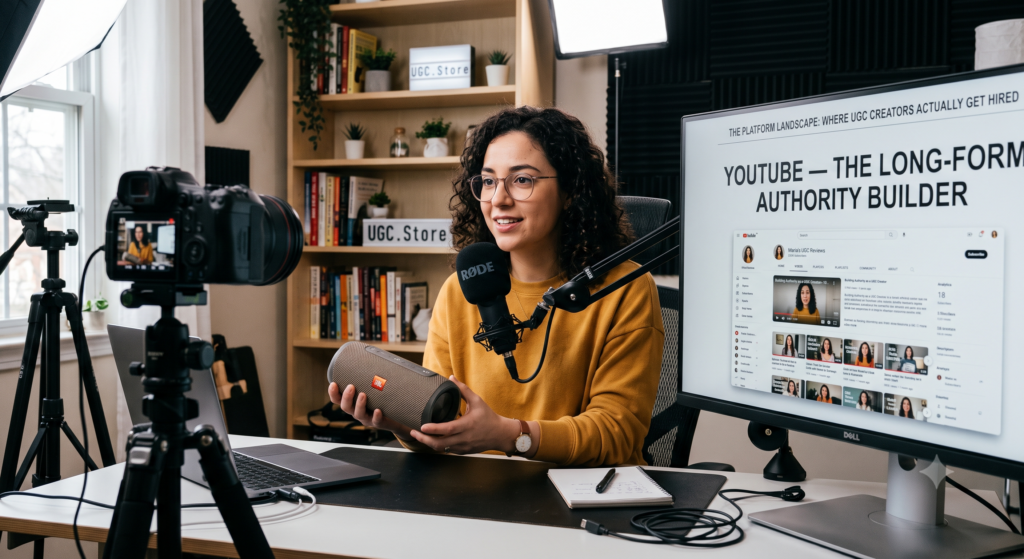 UGC creator filming a long-form YouTube review in a professional home studio, holding a JBL speaker while speaking into a RODE microphone on a boom arm. A DSLR camera on a tripod captures the scene, and a Dell monitor displays the UGC.Store presentation «YouTube — The Long-Form Authority Builder» alongside the «Maria's UGC Reviews» YouTube channel interface