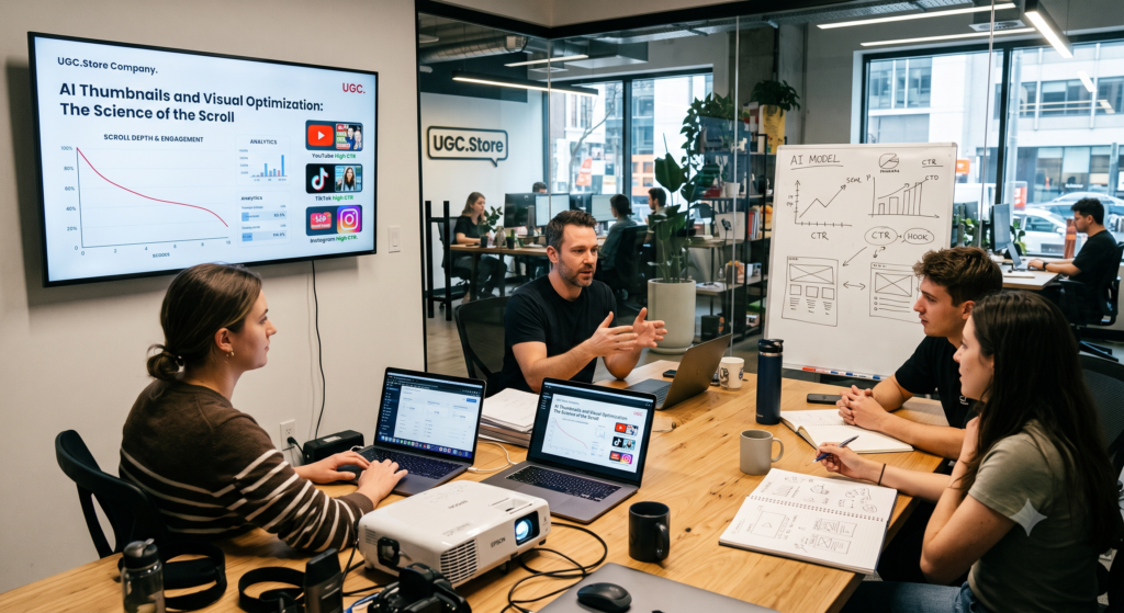 UGC creator designing AI-optimized thumbnails in a bright UGC.Store studio, mastering the science of the scroll. Dual monitors display A/B thumbnail tests, CTR heatmaps, and color-psychology palettes, while a smartphone shows the TikTok upload interface with split-screen variants. A whiteboard behind her reads «AI Thumbnails and Visual Optimization: The Science of the Scroll» surrounded by eye-tracking diagrams and sticky notes