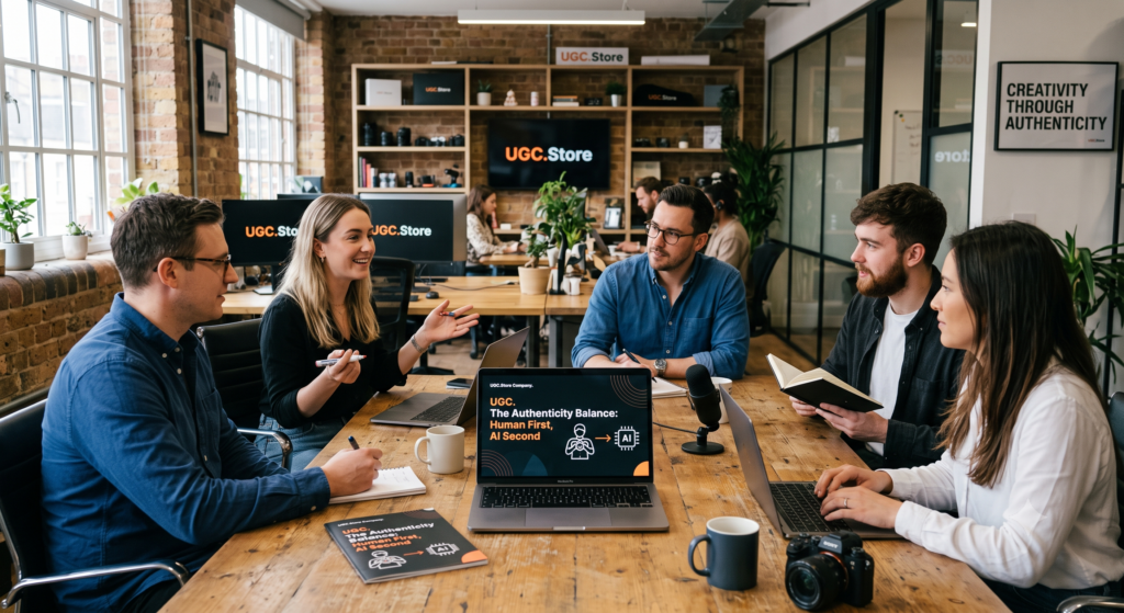 UGC.Store team debating the authenticity balance between human creativity and AI in a modern brick-walled office. Five professionals gather around a wooden table with a MacBook displaying «UGC. The Authenticity Balance: Human First, AI Second» and a matching branded booklet. Monitors with the UGC.Store logo, camera gear, and a «Creativity Through Authenticity» poster fill the collaborative workspace