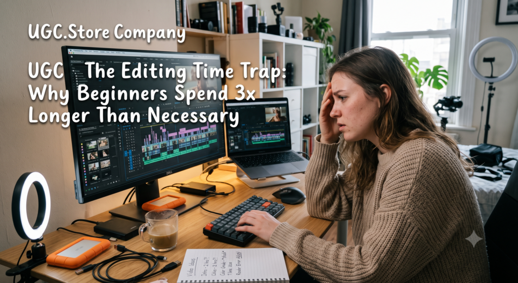 UGC creator trapped in an editing marathon in her home studio, staring at complex video timelines on dual monitors. A wall overlay reads «UGC.Store Company: The Editing Time Trap — Why Beginners Spend 3x Longer Than Necessary» as ring lights, external drives, and a notebook filled with video ideas surround her overwhelmed workspace