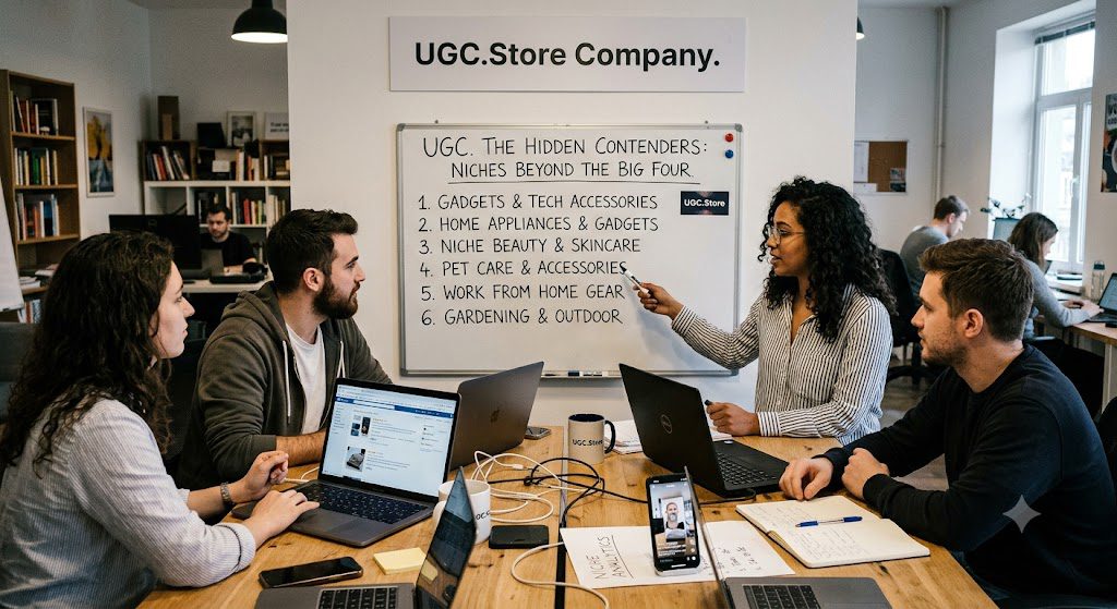 UGC.Store team presenting «The Hidden Contenders: Niches Beyond the Big Four» on a whiteboard in a modern office. A woman points to six emerging niches — Gadgets & Tech Accessories, Home Appliances, Niche Beauty, Pet Care, Work From Home Gear, and Gardening & Outdoor — while colleagues review laptops and a smartphone displays UGC content. The UGC.Store Company logo hangs above the strategic session
