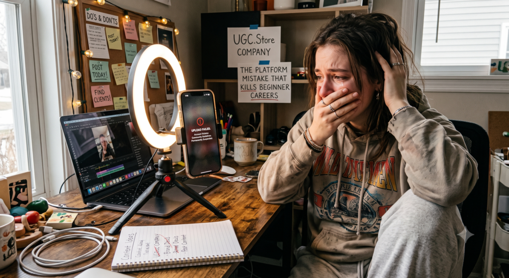 Distressed UGC creator in a home studio reacting to a permanently suspended account, illustrating the platform mistake that kills beginner careers. Her smartphone displays «Upload Failed. Account Violates Community Guidelines. Permanently Suspended» on a ring-light tripod, while a laptop shows video-editing software and a wall sign reads «UGC.Store Company: The Platform Mistake That Kills Beginner Careers»