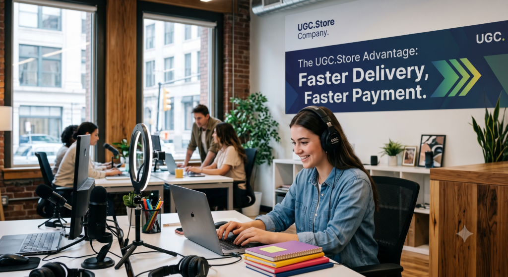UGC creator working efficiently at the UGC.Store Company office, embodying the platform advantage of faster delivery and faster payment. She wears UGC-branded headphones and types on a MacBook amid a ring light, microphone, and colorful notebooks, while a large wall banner declares «The UGC.Store Advantage: Faster Delivery, Faster Payment» behind her in a modern coworking space