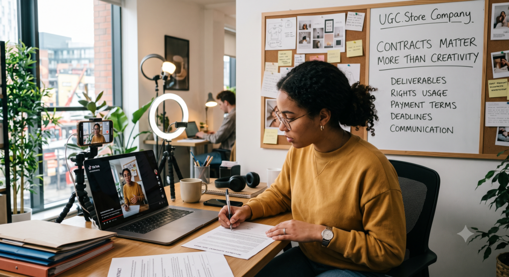UGC creator signing a contract in a bright, plant-filled coworking space, embodying the UGC.Store principle that contracts matter more than creativity. Behind her, a whiteboard displays the manifesto «Contracts Matter More Than Creativity» with five pillars: Deliverables, Rights Usage, Payment Terms, Deadlines, and Communication. A laptop shows TikTok content, a smartphone on a JOBY tripod with a ring light records the scene, and headphones rest on the wooden desk