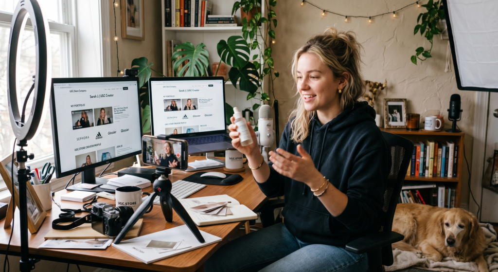 UGC creator filming a product demo in her cozy home studio, showcasing why UGC.Store should be her portfolio headquarters. Dual monitors display the UGC.Store creator profile for «Sarah J.» with brand logos like Sephora, Adidas, and Glossier. A smartphone on a tripod captures the scene alongside a ring light, Blue microphone, UGC.STORE mug, and a golden retriever resting on a rug