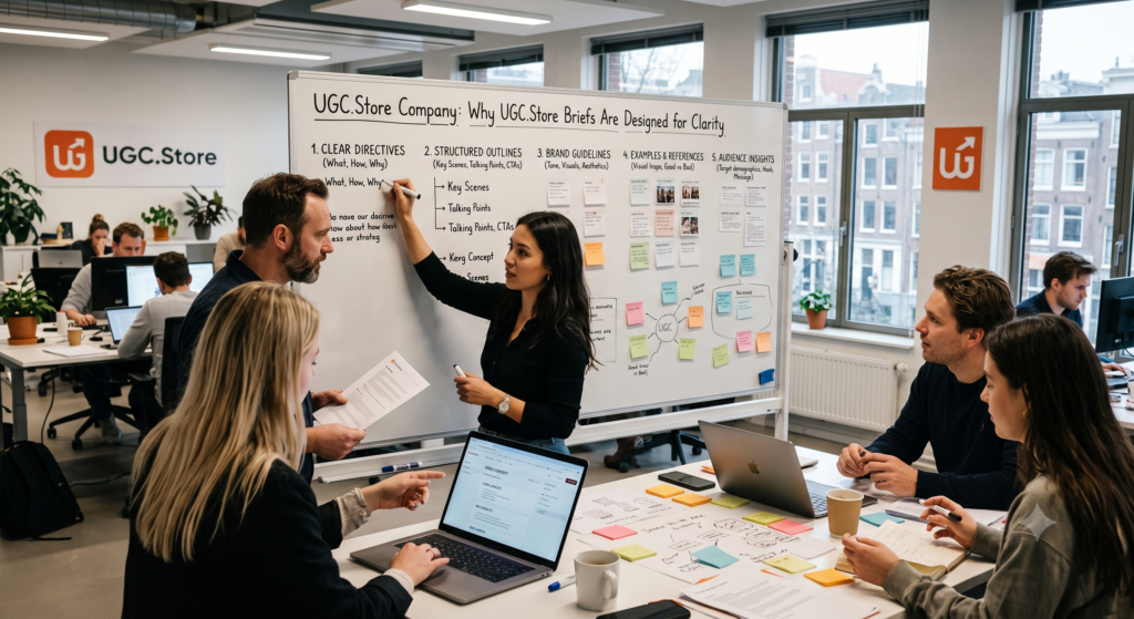 UGC.Store team collaborating in a modern office around a large whiteboard titled «Why UGC.Store Briefs Are Designed for Clarity.» A woman writes clear directives while colleagues review laptops and printed briefs. The board displays five clarity pillars: Clear Directives, Structured Outlines, Brand Guidelines, Examples & References, and Audience Insights