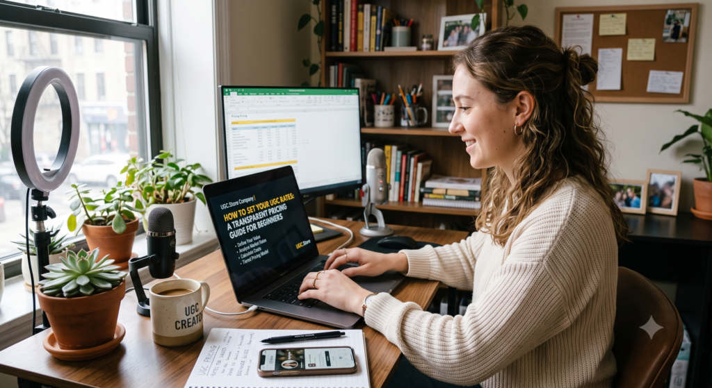 UGC creator calculating her professional rates in a sunlit home office using the UGC.Store transparent pricing guide. Her MacBook displays «How to Set Your UGC Rates: A Transparent Pricing Guide for Beginners» with pillars for Define Your Value, Analyze Market Rates, Calculate Costs, and Tiered Pricing Model, while a desktop monitor shows a detailed pricing spreadsheet and a «UGC CREATOR» mug sits beside her handwritten notebook
