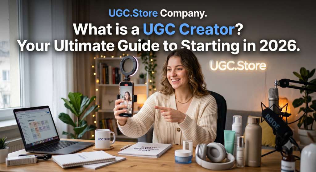 Aspiring UGC creator filming her introduction in a warm home studio, embodying the UGC.Store guide «What is a UGC Creator? Your Ultimate Guide to Starting in 2026.» She holds a smartphone on a ring-light tripod while pointing at the screen, a MacBook displays a content-plan calendar, and a neon «UGC.Store» sign glows behind her amid skincare products, a RODE microphone, and a branded mug