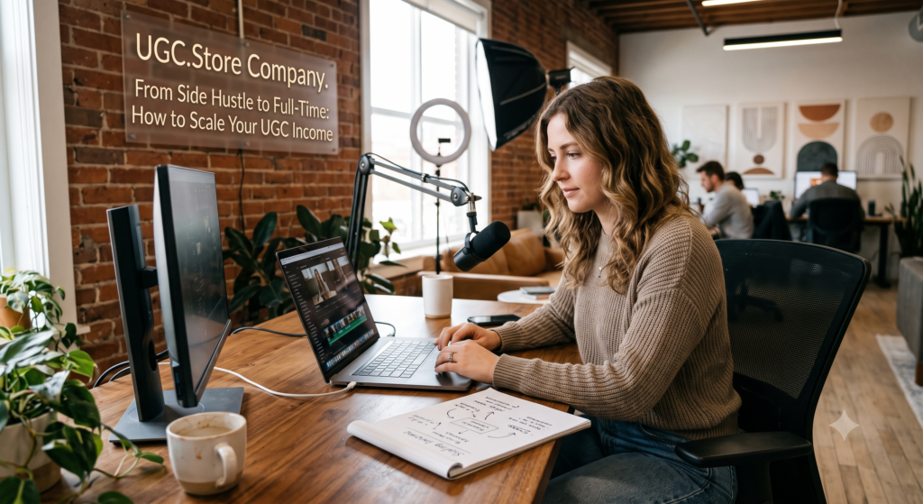 UGC creator scaling her income from side hustle to full-time in a modern brick-walled coworking space, following the UGC.Store guide «From Side Hustle to Full-Time: How to Scale Your UGC Income.» She edits video on a MacBook with a dual-monitor setup, speaks into a broadcast microphone, and reviews handwritten scaling strategies in a notebook beneath a glowing ring light