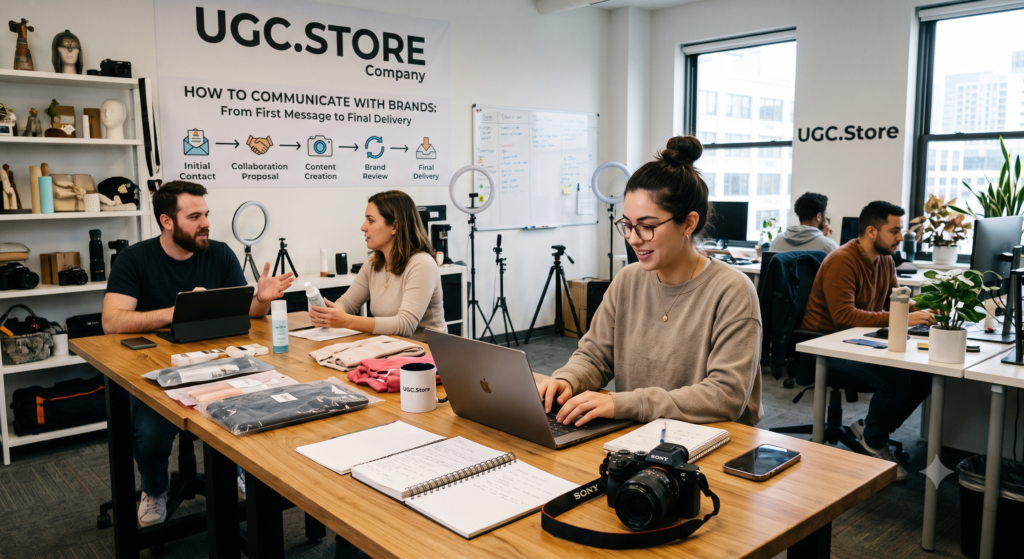 UGC creators and brand managers collaborating in the UGC.Store modern office, mapping the full communication workflow from first message to final delivery. A wall banner illustrates the five-step process --- Initial Contact, Collaboration Proposal, Content Creation, Brand Review, Final Delivery --- while a creator types on a MacBook, a Sony camera rests on the desk, and product samples fill the creative workspace