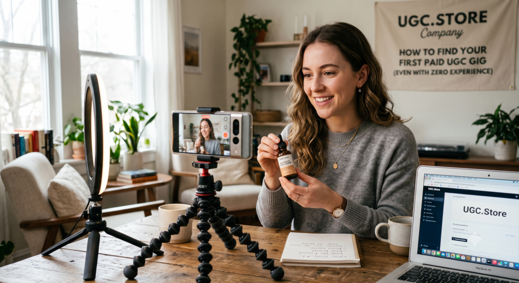 Aspiring UGC creator filming her first paid product demo in a bright home studio, following the UGC.Store guide «How to Find Your First Paid UGC Gig (Even with Zero Experience).» She holds a botanical face-serum bottle while a smartphone on a JOBY tripod with a ring light records the scene, a MacBook Air displays the UGC.Store pitching platform, and a wall banner declares the beginner roadmap behind her