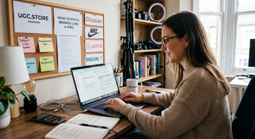 UGC creator crafting pitch emails in a warm home office, following the UGC.Store guide «How to Pitch Brands Like a Pro: Email Templates That Get Responses.» Her MacBook displays a Gmail draft with the UGC.Store pitch framework, while a corkboard behind her pins brand logos for Glossier, Nike, Airbnb, and Gymshark alongside sticky notes for Subject Line Hooks, Personalization Tips, and a Pitch Email Template Checklist