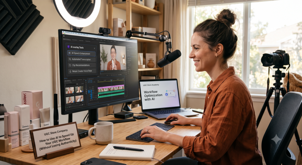 UGC creator optimizing her workflow with AI tools in a professional home studio, following the UGC.Store guide «How to Use AI to Speed Up Your UGC Workflow (Without Losing Authenticity).» Her LG monitor displays Adobe Premiere Pro with AI overlay tools --- Speech Enhancement, Automated Transcription, Clip Recommendations, and Retain Creator Voice/Style --- while a MacBook shows «UGC.Store Academy: Workflow Optimization with AI.» Glossier and The Ordinary products, a Sony camera, and a ring light complete the authentic creator setup