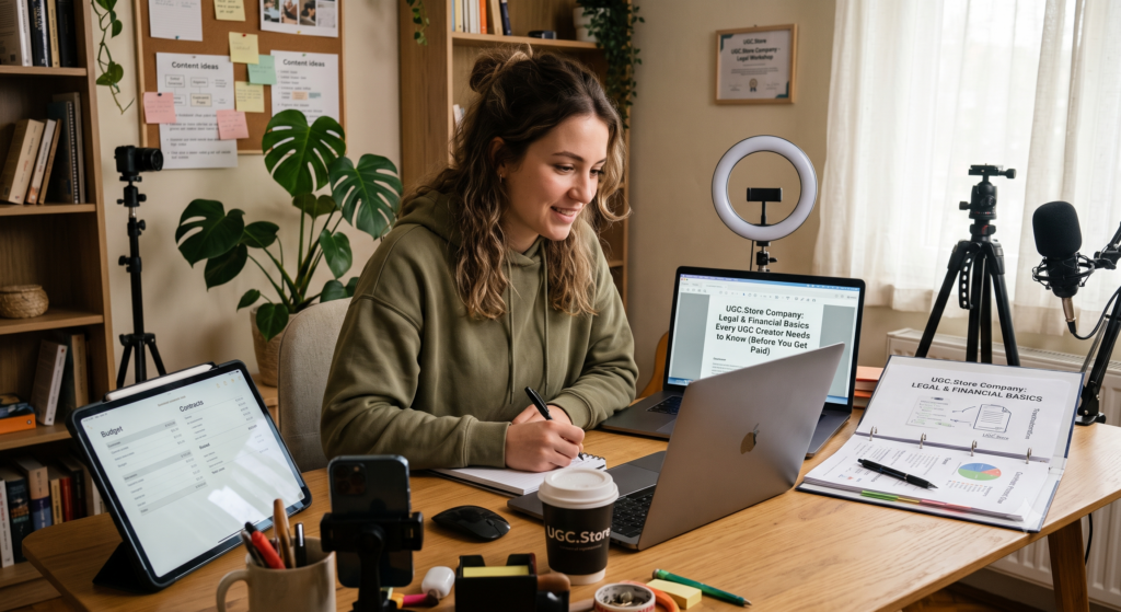 UGC creator studying legal and financial fundamentals in a cozy home office, following the UGC.Store guide «Legal & Financial Basics Every UGC Creator Needs to Know (Before You Get Paid).» Her MacBook displays the guide title while a tablet shows budget and contract spreadsheets, a binder holds legal worksheets, and a corkboard behind her pins content ideas and a UGC.Store Legal Workshop certificate