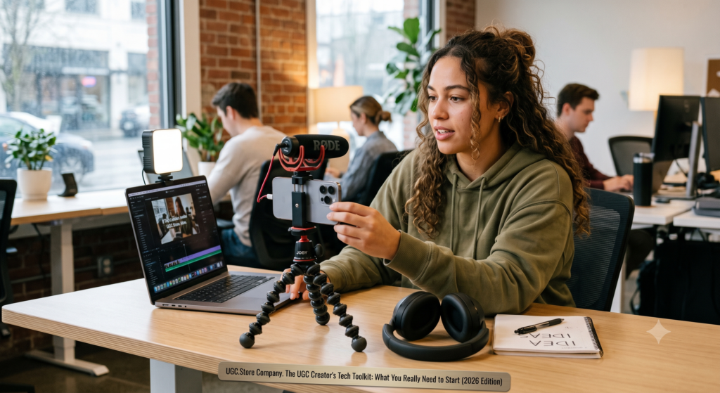 UGC creator assembling her essential tech toolkit in a modern UGC.Store coworking office for the 2026 edition guide. She adjusts a smartphone on a JOBY tripod with a RODE microphone and LED panel, while a MacBook displays video-editing software. Black over-ear headphones, an IDEA notebook, and a caption banner reading «The UGC Creator's Tech Toolkit: What You Really Need to Start (2026 Edition)» complete the professional starter setup