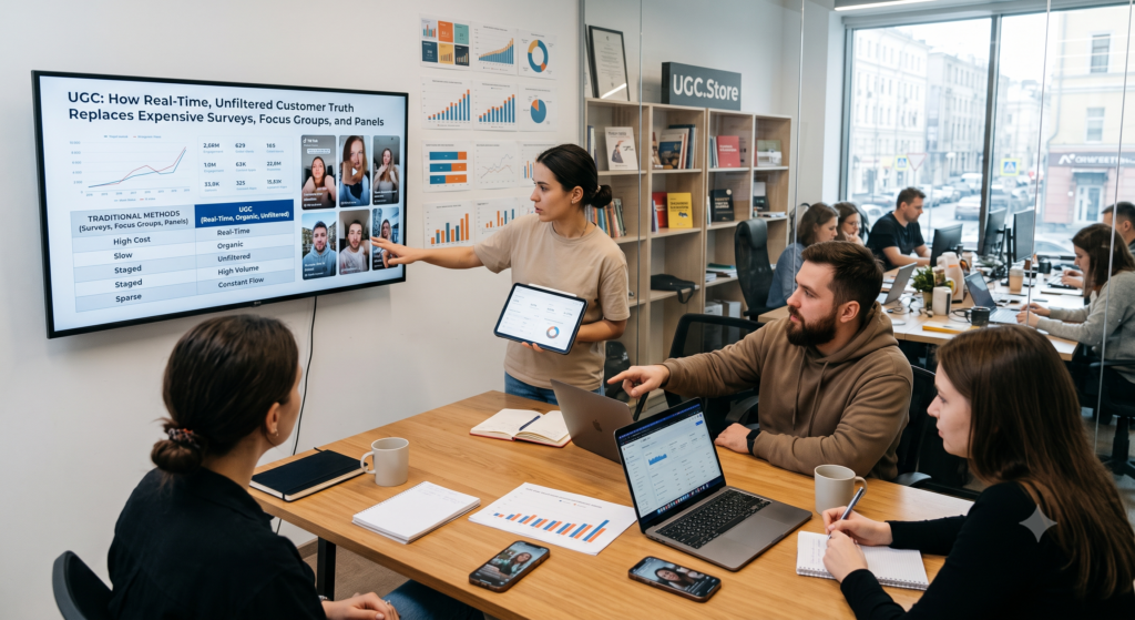 UGC.Store analytics team presenting a data-driven comparison in a modern glass-walled office, demonstrating how real-time, unfiltered UGC replaces expensive surveys, focus groups, and panels. A woman points to a large screen displaying performance metrics, TikTok video thumbnails, and a side-by-side chart of traditional methods versus UGC, while colleagues review dashboards on laptops and tablets