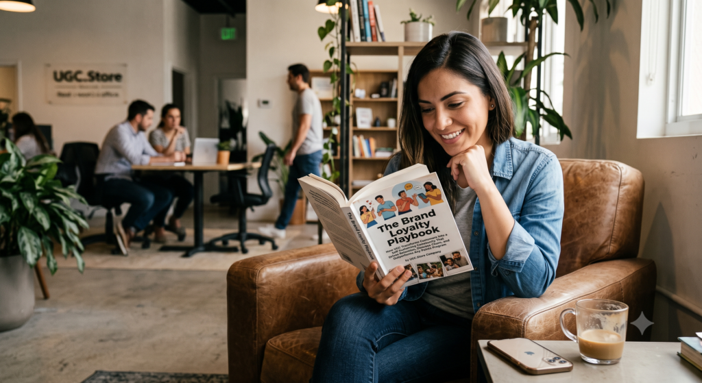 UGC creator reading The Brand Loyalty Playbook in a warm UGC.Store coworking lounge, discovering how UGC transforms customers into a self-sustaining community. She sits on a leather armchair smiling at the open book with illustrated cover, while a coffee mug, smartphone, and colleagues working in the background complete the inviting creator space