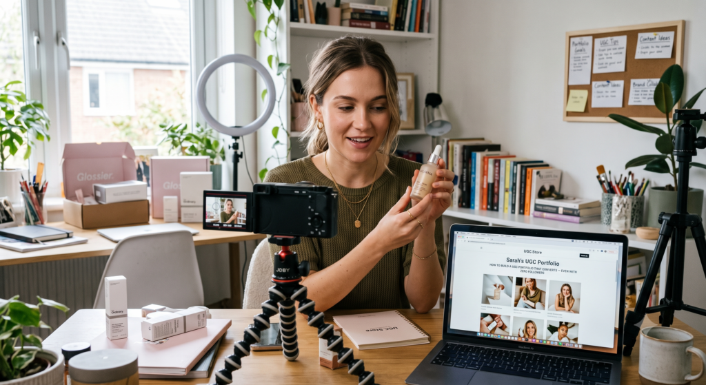 UGC creator filming a skincare review in a bright home studio while her laptop displays the UGC.Store guide «Sarah's UGC Portfolio: How to Build a UGC Portfolio That Converts — Even With Zero Followers.» A camera on a JOBY tripod, ring light, The Ordinary products, Glossier boxes, and a vision board with portfolio goals complete the professional setup