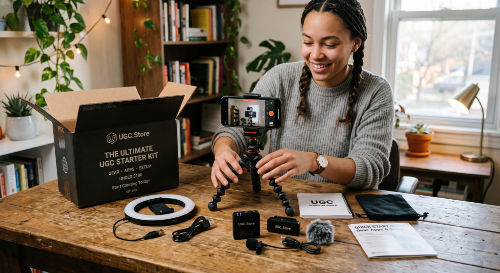 Creator unboxing the UGC.Store Ultimate UGC Starter Kit in a cozy home studio. The black box reads «THE ULTIMATE UGC STARTER KIT — GEAR • APPS • SETUP UNDER $100» alongside a ring light, JOBY tripod, microphone, UGC Script/Planner notebook, and Quick Start Guide. She films the unboxing on a smartphone