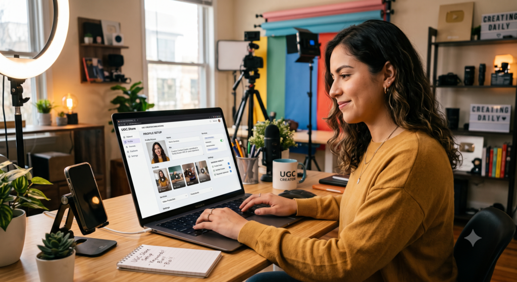UGC creator setting up her UGC.Store profile for maximum visibility in a professional home studio. The MacBook Air displays the UGC.Store Creator Onboarding dashboard with Profile Setup fields, portfolio thumbnails, and visibility settings. A ring light, smartphone on a stand, RODE microphone, and «UGC CREATOR» mug complete the organized creator workspace