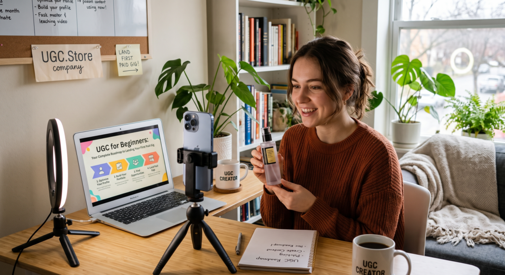 Aspiring UGC creator filming her first product review in a cozy home studio. Laptop displays the UGC.Store roadmap «UGC for Beginners: Your Complete Roadmap to Landing Your First Paid Gig» with four steps from profile optimization to paid gigs. Corkboard features motivational notes including «LAND FIRST PAID GIG!»