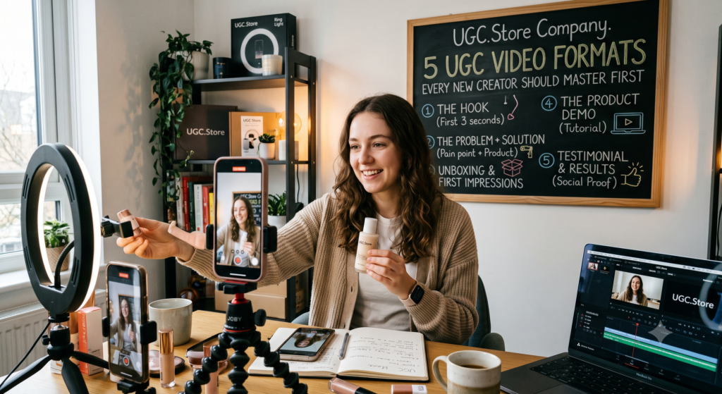 UGC creator filming a beauty product review in her home studio while mastering the five core UGC video formats. A chalkboard behind her lists the UGC.Store Company formats: The Hook, Problem + Solution, Unboxing, Product Demo, and Testimonial. Multiple smartphones on JOBY tripods, a ring light, and a MacBook Pro with an editing timeline complete the professional beginner setup