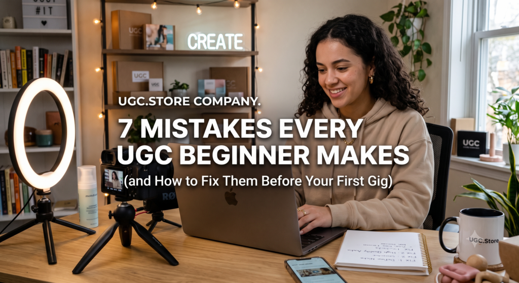 UGC creator reviewing the seven beginner mistakes in her cozy home studio, working on a MacBook with a camera and ring light setup. A neon «CREATE» sign glows on shelves behind her, while a notebook lists fixes for common errors and a UGC.Store mug sits on the wooden desk