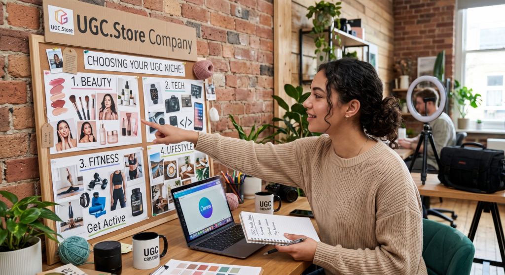 UGC creator choosing her niche at the UGC.Store Company studio, pointing at a corkboard mood board divided into four categories: Beauty, Tech, Fitness, and Lifestyle. The board displays product photos, swatches, and lifestyle imagery. A MacBook with Canva, a notebook reading «UGC Niche Ideas,» and «UGC CREATOR» mugs sit on the wooden desk amid a brick-walled creative workspace