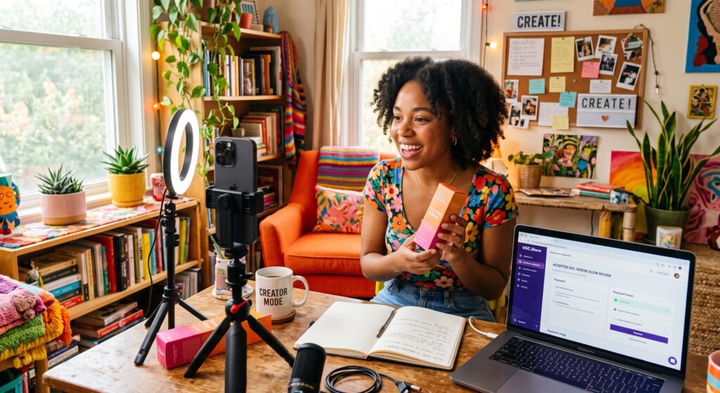 A smiling young creator filming a product review on a smartphone tripod at a colorful home studio desk next to a laptop displaying the UGC.Store payment dashboard.