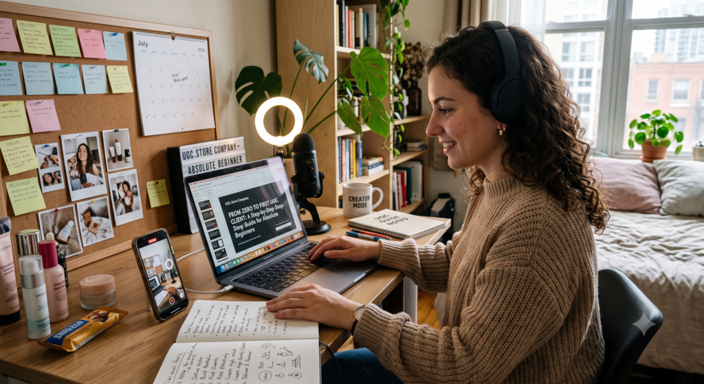 Aspiring UGC creator studying the UGC.Store guide «From Zero to First UGC Client: A Step-by-Step Guide for Absolute Beginners» in a cozy home studio. The MacBook Pro displays the presentation; a smartphone records her progress. The desk features skincare products, a RODE microphone, a «CREATOR MODE» mug, a vision board with Polaroids, and a corkboard calendar marked «First Pitch sent!»