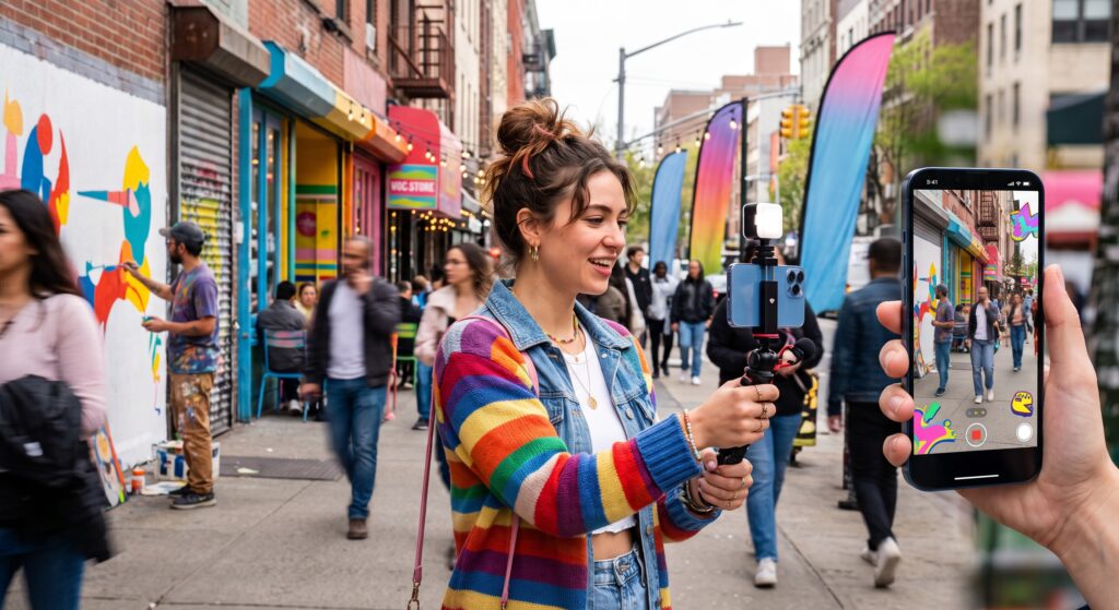 A creator filming vibrant street UGC video with a smartphone rig while another phone captures the screen showing visual-first content.