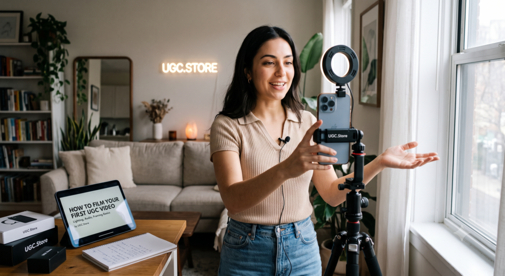 UGC creator filming her first video by a sunlit window in a cozy home studio. A smartphone on a tripod with a ring light captures her, while a lapel microphone ensures clear audio. A tablet displays «How to Film Your First UGC Video: Lighting, Audio, Framing Basics by UGC.Store» and branded boxes rest on the desk
