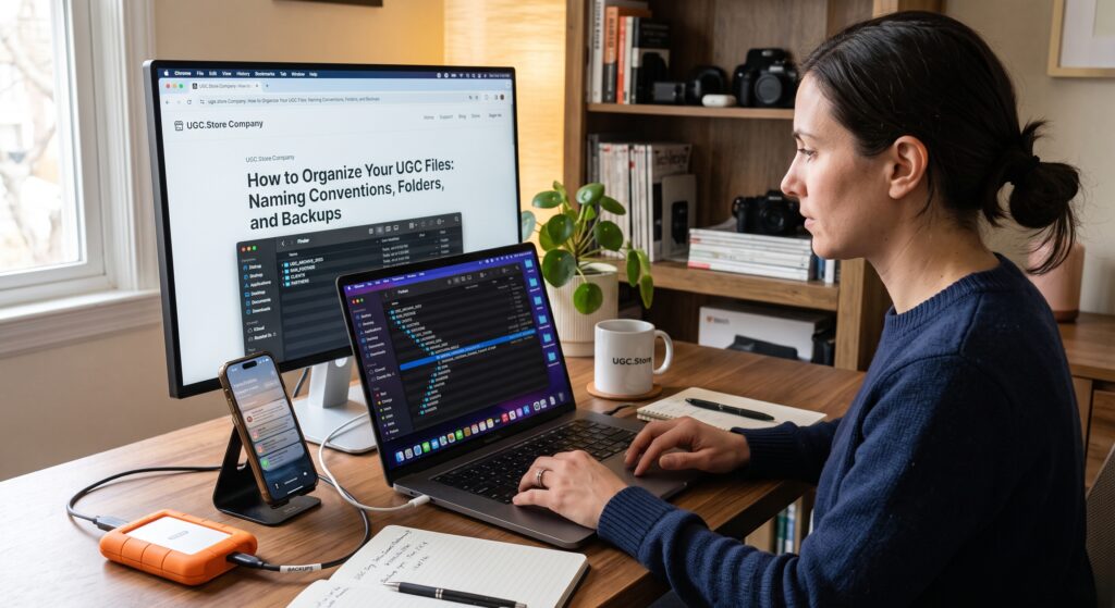 UGC creator working at a desk with organized file folders on a laptop screen and an external backup hard drive connected.