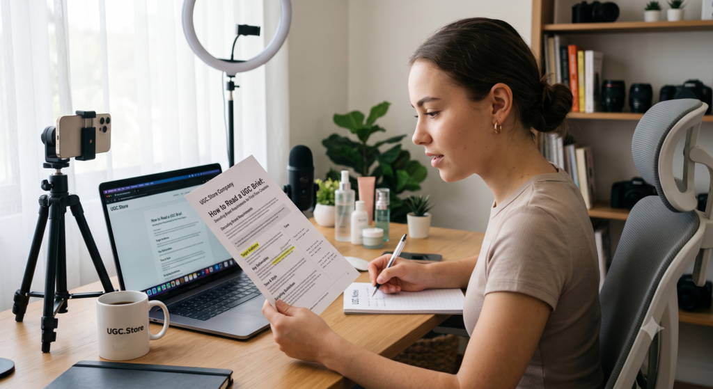 UGC creator studying «How to Read a UGC Brief» in her organized home studio. She holds a printed UGC.Store guide decoding brand requirements while a MacBook displays the same document. A smartphone on a tripod, ring light, RODE microphone, UGC.Store mug, and skincare products surround her focused workspace