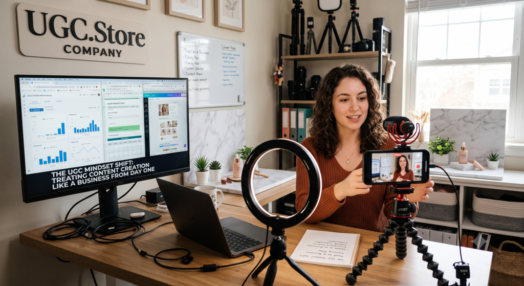 UGC creator embracing the business mindset shift in her professional home studio. A smartphone on a JOBY tripod with a ring light and RODE microphone records her, while a large monitor displays the UGC.Store performance dashboard, client projects, and Canva. A whiteboard lists business systems — filming plan, content calendar, and content plans — beneath the UGC.Store Company wall sign