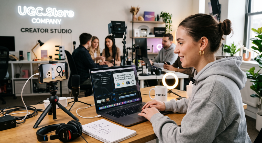 UGC creator leveraging AI tools in the UGC.Store Creator Studio, editing video on a MacBook displaying «UGC and AI: How New Creators Can Use Smart Tools to Speed Up Their Workflow.» A smartphone on a tripod captures a product demo, while a RODE microphone, Sony headphones, and a UGC.Store mug surround her collaborative workspace