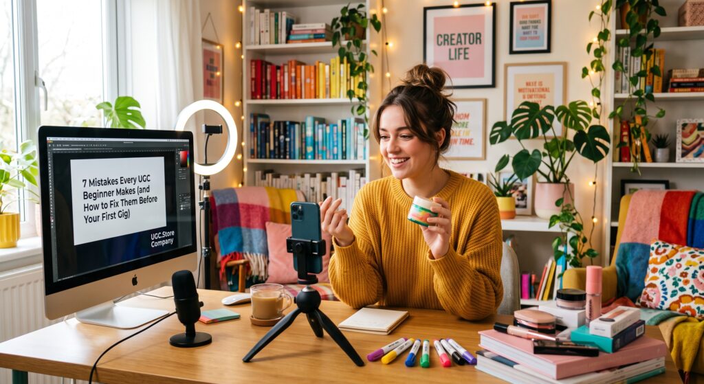A smiling young woman filming a skincare product video on her smartphone at a colorful, cozy home studio desk with a ring light, microphone, and computer monitor.