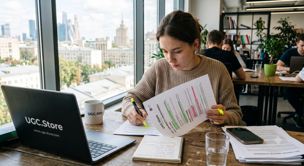 UGC creator studying contract fundamentals in a modern high-rise office with panoramic city views. She highlights the UGC.Store guide «UGC Contracts for Beginners: What to Sign and What to Avoid» with a yellow marker while a branded laptop, UGC.Store mug, and handwritten notebook sit on the wooden desk amid scattered legal documents