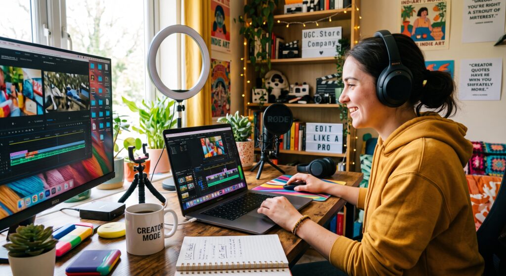 Smiling young woman wearing headphones editing video on a dual-monitor setup with creator gear, ring light, and notes on a wooden desk.