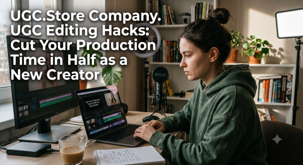 UGC creator editing video in a cozy home studio, mastering editing hacks to cut production time in half. She works on a MacBook Pro and a Dell monitor displaying professional video-editing timelines, while a RODE microphone, ring light, and a notebook with editing shortcuts sit on the desk amid bookshelves and plants