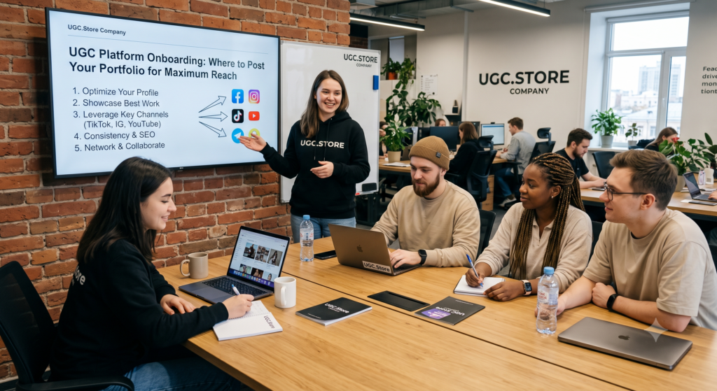 UGC.Store team presenting platform onboarding strategy in a modern brick-walled office. A presenter in a UGC.STORE hoodie points to a large screen displaying «UGC Platform Onboarding: Where to Post Your Portfolio for Maximum Reach» with five steps and social-media icons. Colleagues with laptops and notebooks collaborate at a wooden table beneath a glowing UGC.STORE COMPANY sign