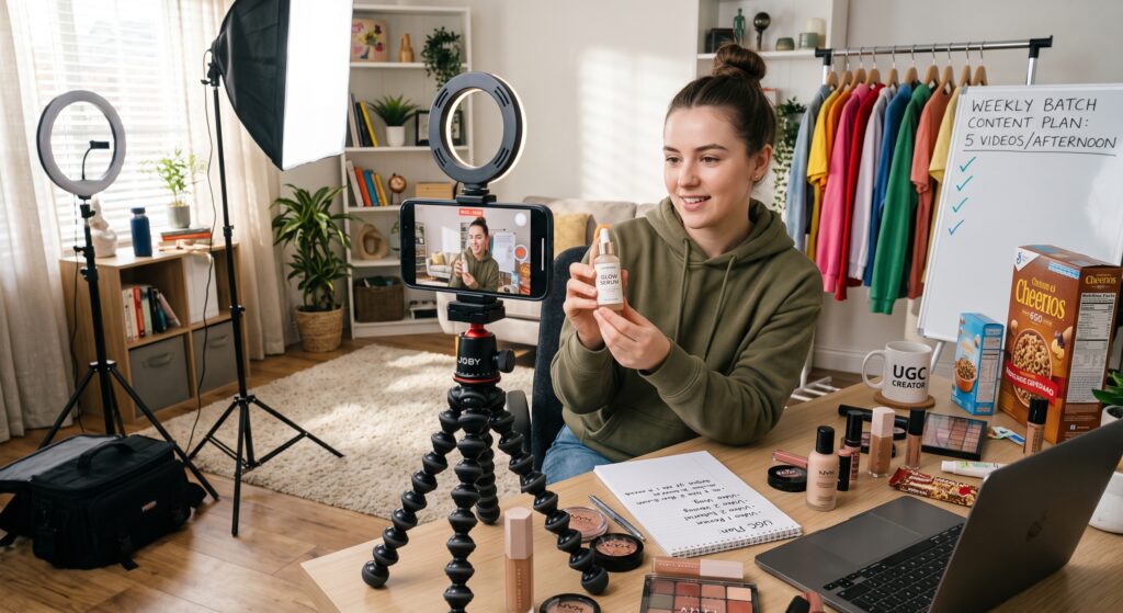 UGC creator sitting at a desk with a smartphone tripod, ring light, beauty products, and outfit rack, batch filming video content for social media.